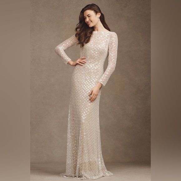 Watters | Dresses | Watters Mia Long Sleeve Open Back White Sequin Wedding  Dress | Poshmark